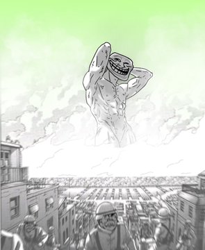 A massive muscular troll towers over a city skyline in a dramatic scene, while soldiers in helmets patrol the rooftops below. The image playfully visualizes the grand ambitions of the Trolls After Dark community's expanding $troll merchandise line, with the towering figure symbolizing the project's larger-than-life presence over the crypto market.