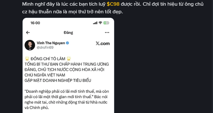 A Vietnamese-language Twitter screenshot from Vinh The Nguyen (@drofin69) quoting a statement by Vietnam's General Secretary Tô Lâm to business leaders, saying businesses must set an example by paying all taxes owed. The post is paired with commentary jokingly suggesting it's time to "accumulate" the C98 token while waiting for CZ's signal, though the user notes they'll stick to accumulating BTC, ETH, and SOL instead.