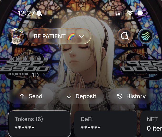 A crypto wallet interface displaying 'BE PATIENT' with a rainbow emoji, featuring an anime-style character with white hair in a praying pose against a stained glass background, with options for Send, Deposit, History, Tokens, DeFi, and NFT.