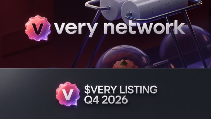 Promotional graphic for "very network" featuring a "$VERY LISTING Q4 2026" announcement banner against a futuristic backdrop with a Newton's cradle and glass orbs, supporting the post's message about the upcoming centralized exchange listing milestone for the $VERY token.