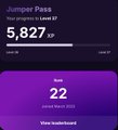 Mobile app interface displaying 'Jumps Pass' with a 1-year streak counter showing '5,827' points, along with a purple panel showing '22 Visited' locations.