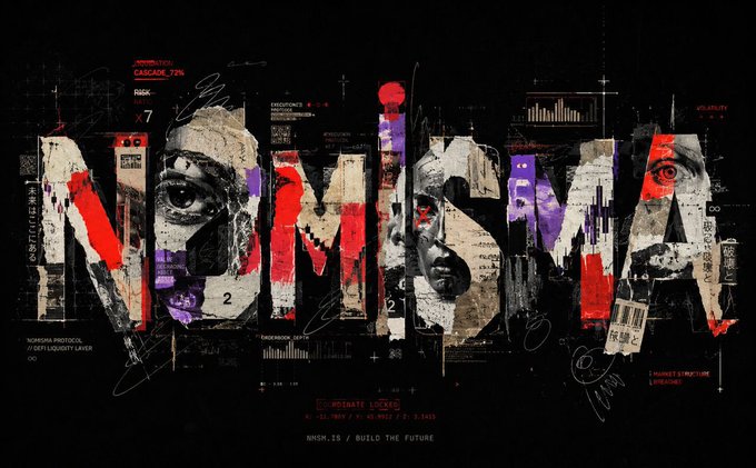 The image features a large block of text that reads "Nomisma" written in red letters against a black background. The text is composed of various shapes, including circles, squares, and rectangles, which are arranged in an artistic manner. The image also includes a small illustration of a person's face with eyes and a nose, as well as the words "Nomisma" and "Wallchain". The overall composition suggests that the image is related to the concept of Nomisma Network or Wallchain, where digital systems are judged based on their attention and value.