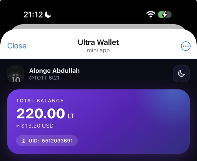 Ultra Wallet mini-app screen showing user 'Alonge Abdullah' (@TOTTI6t21) with a total balance of 220.00 LT (≈ $13.20 USD), UID 5512093691.