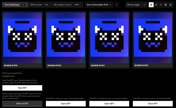 A dashboard displaying four BitMON NFTs (#1134, #1140, #1144, #1145) with options to "Take NFT," "Refund ETH," or "Claim NFT," showing 16 backings, 922 still in pool, and 2808 no longer in pool. This aligns with the announcement that backers who pledged at 0.05Ξ can now withdraw their NFT or refund their ETH from the pool, while those remaining will turn Gold after 3 days.
