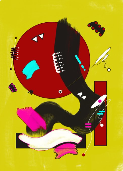 An abstract painting featuring a large dark red circle on a yellow background with bold black, pink, and cyan shapes, dotted patterns, and small triangular 'eyes.'