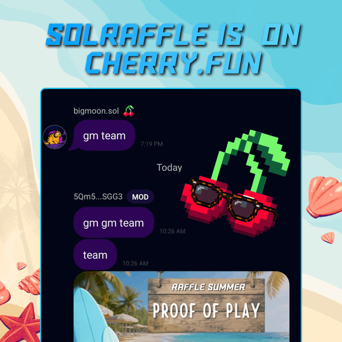 A promotional graphic announcing a '$OL RAFFLE IS ON CHERRY.FUN' with a screenshot of a Discord conversation featuring 'gm team' messages and pixel art cherries wearing sunglasses.