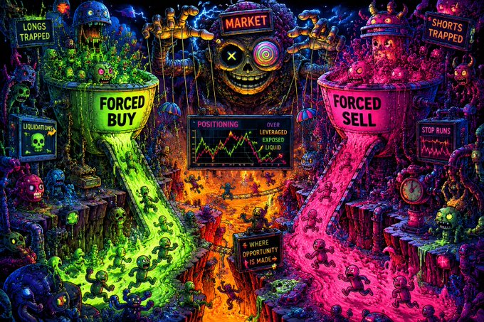 A vibrant, chaotic digital artwork depicting market liquidations, featuring buckets labeled 'FORCED BUY' and 'FORCED SELL' with a central skull labeled 'MARKET'.