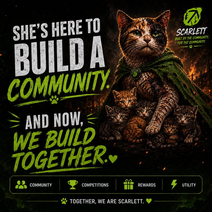 A fiery promotional image for 'SCARLETT - BUILT BY THE COMMUNITY, FOR THE COMMUNITY' showing a mother cat in a green cloak with kittens, reading 'SHE'S HERE TO BUILD A COMMUNITY. AND NOW, WE BUILD TOGETHER.'