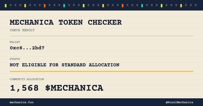 A 'MECHANICA TOKEN CHECKER' result page for wallet '0xc8...2bd7' showing 'STATUS NOT ELIGIBLE FOR STANDARD ALLOCATION' and 'COMMUNITY ALLOCATION 1,568 $MECHANICA' from mechanica.fun.