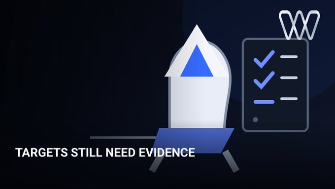 A stylized graphic of a rocket ship launching alongside a checklist with checkmarks, with text reading "TARGETS STILL NEED EVIDENCE" against a dark blue background.