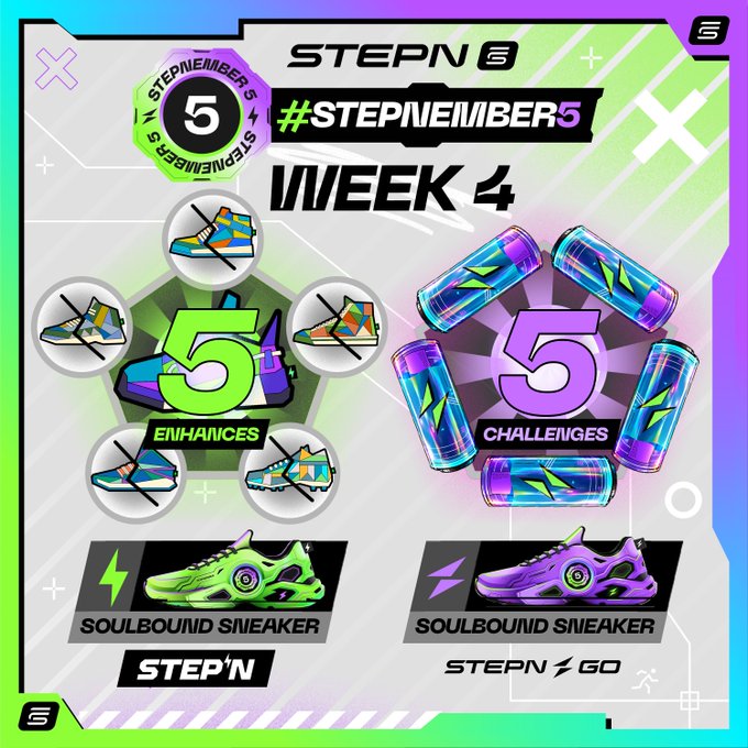A promotional graphic for STEPN '#STEPNEMBER 5 WEEK 4' showcasing 5 Enhances and 5 Challenges with images of soulbound sneakers in green and purple.