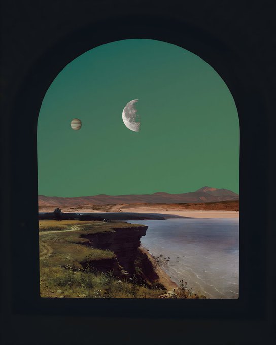 A surreal view through an arched window reveals an alien landscape with two moons, including Jupiter, set against a teal sky above reddish mountains and a body of water.
