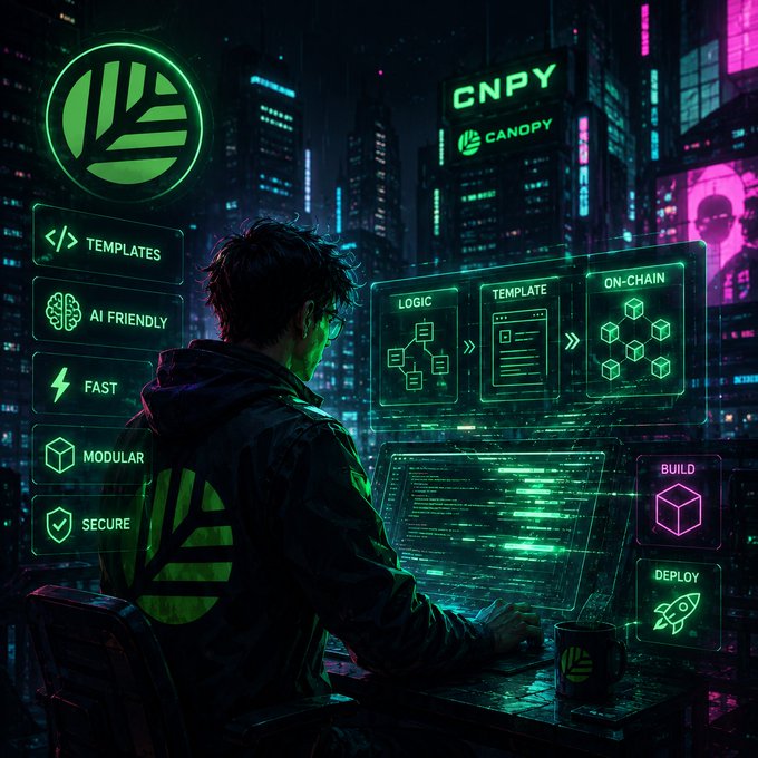Cyberpunk-style digital illustration of a developer working on multiple holographic screens displaying 'Canopy' branded blockchain development tools featuring templates, AI, modular, secure, build, and deploy features.