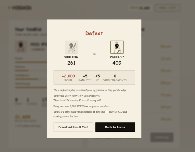 A VKID defeat result screen showing a match between VKID #887 (score 261) and VKID #797 (score 409), with stats showing -2,000 $VKID, -5 RANK PTS, +5 XP, and 0 VOID FRAGMENTS.