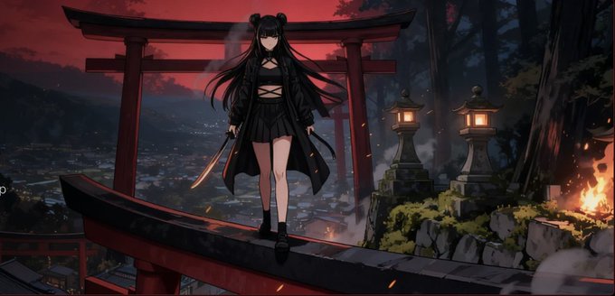An anime-style illustration of a dark-haired girl with twin buns standing on a red bridge near a torii gate, holding a sword, with a twilight landscape and stone lanterns in the background.