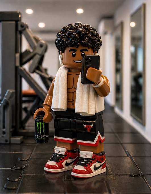 A LEGO minifigure with curly hair snaps a mirror selfie in a gym while holding a Monster energy drink and wearing red and black Air Jordans. The post-workout gym setting and post-workout energy drink tie into the "Good night 𝕏" farewell, signaling the end of a training day before tomorrow's next session.