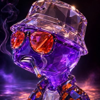 A 3D digital rendering of a stylized character made of purple crystals, wearing a bucket hat and large orange-tinted aviator sunglasses, with a cigarette in its mouth.