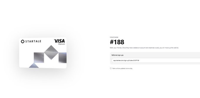 A screenshot of a webpage showing a 'STARTALE' Visa debit card and a referral sign-up interface with the code '#188'.