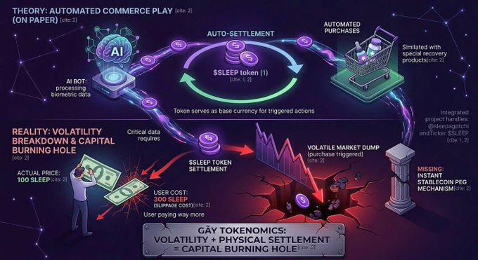 The image contrasts an "Automated Commerce Play" theory (top) where AI bots use $SLEEP tokens to auto-purchase health products, with the "Reality: Volatility Breakdown & Capital Burning Hole" (bottom) showing that token price dumps to 100 SLEEP cost $1,000 while slippage pushes user costs to 380 SLEEP, illustrating how token-based settlement loses value during volatility. The accompanying post highlights how Sleepagotchi's on-paper utility of using $SLEEP as a payment medium for automated health product purchases breaks down in practice due to token price volatility and slippage costs during physical settlement.