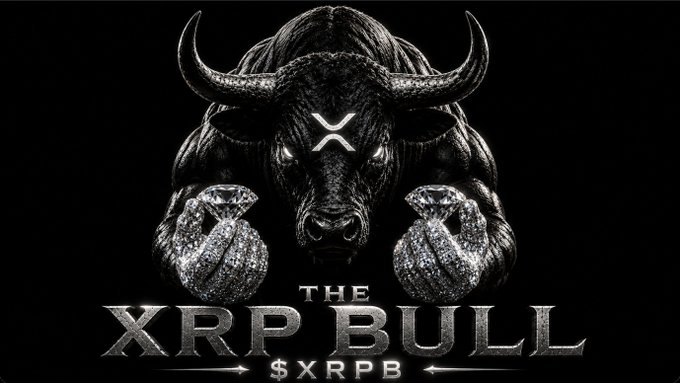 A powerful bull's head with glowing eyes and an "X" on its forehead grips two diamond-encrusted XRP logos, beneath metallic text reading "THE XRP BULL — $XRPB." The imagery embodies the post's bullish sentiment that XRP will surge to $100.