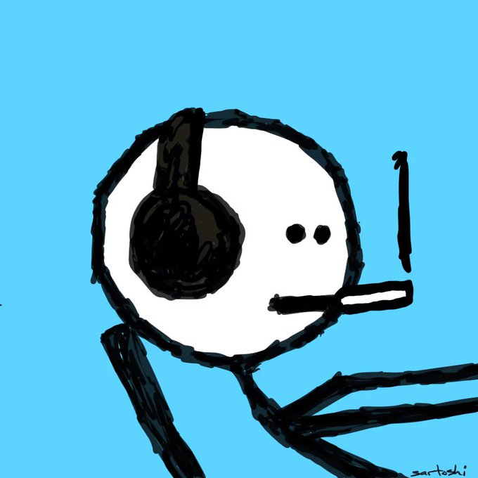 A simple cartoon drawing depicts a stick figure wearing headphones and smoking a cigarette against a blue background.