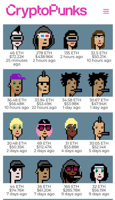 A screenshot of the CryptoPunks website displaying a grid of rare "Legendary" punk avatars with recent sales prices ranging from 30 ETH to 278 ETH (approximately $47.94K–$438.96K) over the past 25 minutes to 9 days. The image showcases high-value NFT transactions for unique punk characters, aligning with the post about legendary CryptoPunks sales.