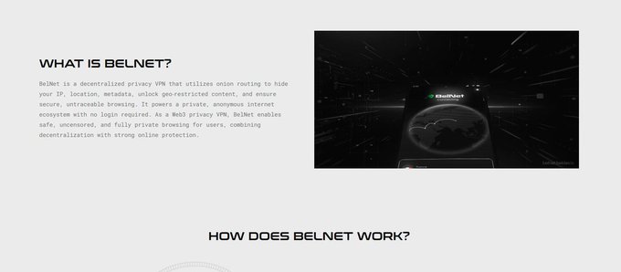 A webpage explaining 'WHAT IS BELNET?' describing it as a decentralized privacy VPN that uses onion routing to hide IPs, with text on a Web3 privacy ecosystem and a dark graphic of a globe on a phone screen.