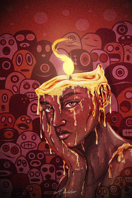 A surreal digital painting of a figure with melting candle wax dripping down their face, set against a red background filled with stylized mask-like faces, signed 'Cerulean' at the bottom.
