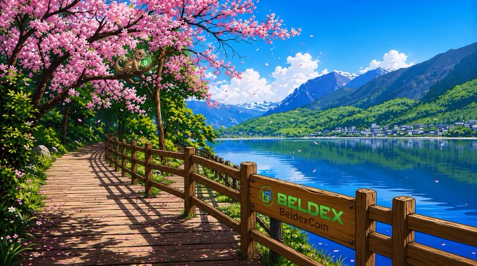 An anime-style landscape illustration showing a wooden walkway beside a lake with mountains in the background, cherry blossom trees, and a sign reading 'BELDEX BeldexCoin' on the wooden railing.