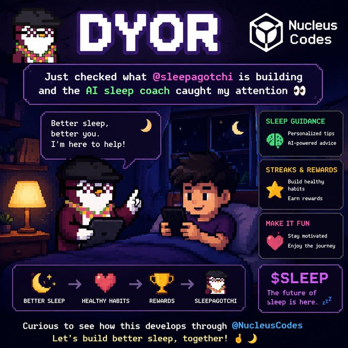 A colorful pixel art promotional graphic for 'DYOR' and Nucleus Codes featuring a 'Sleepagotchi' AI sleep coach character, with sections on Sleep Guidance, Streaks & Rewards, and Make It Fun.