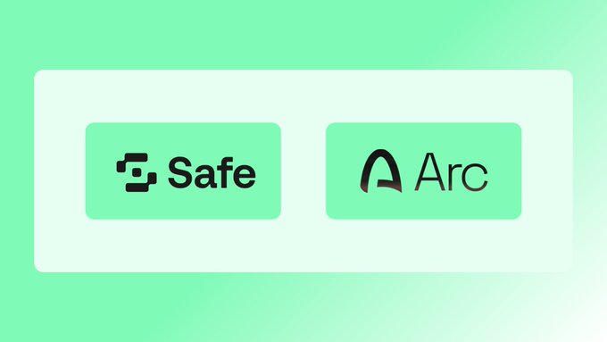 The image displays a graphic with two green rectangular buttons labeled "Safe" and "Arc" against a light green background, visually representing the integration mentioned in the post—Safe's programmable multisig functionality being live on the Arc mainnet from day one.