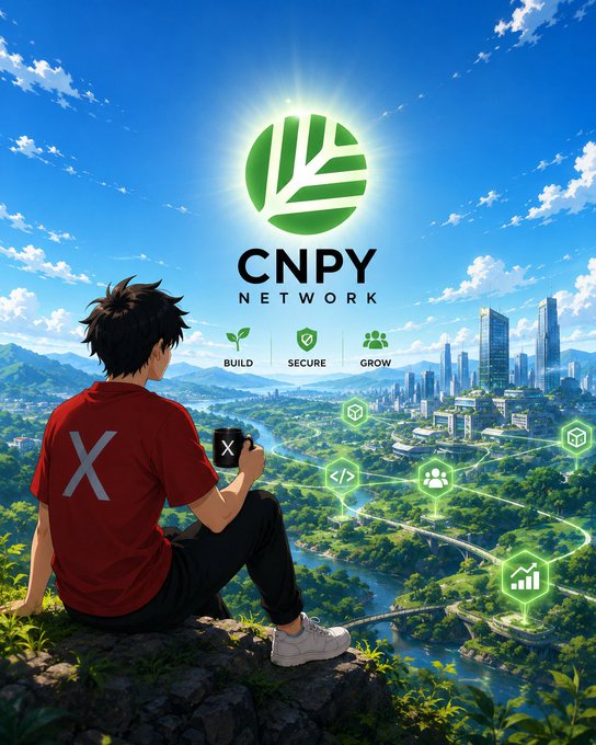 An anime-style illustration of a boy in a red shirt with 'X' sitting on a hill overlooking a futuristic city, with a 'CNPY NETWORK' logo and text 'BUILD SECURE GROW' displayed above.