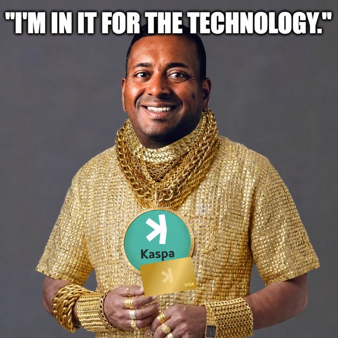 Meme image of a smiling man wearing gold chains and a gold outfit, holding Kaspa Visa-branded tokens with the caption "I'M IN IT FOR THE TECHNOLOGY."