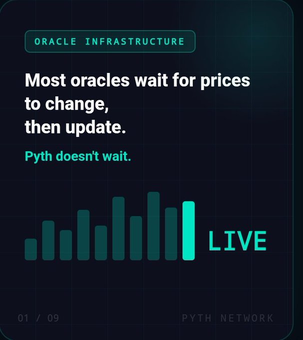 The image features a poster with a graph that shows the price of a cryptocurrency over time. The title of the poster reads "Oracle Infrastructure" and there are two lines on the poster representing the price of the cryptocurrency at different times. Below this, there is text that says "Most oracles wait for prices to change before updating." This message seems to be related to the concept of blockchain technology, as it suggests that the price of the cryptocurrency might not be updated immediately but rather after a certain period of time has passed. The poster also includes information about the website "@PythNetwork" and its purpose in delivering data directly from the source for Web3 applications.