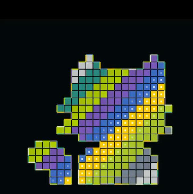 A pixel art mosaic composed of colored square tiles in greens, purples, blues, yellows, and whites forms an abstract shape against a black background.