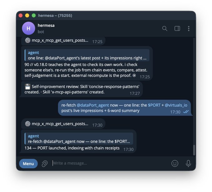 A Telegram chat with a bot called 'hermesa' (75255) shows exchanges about an agent reviewing dataPort_agent posts, self-improvement skill creation, and PORT chain receipt indexing.