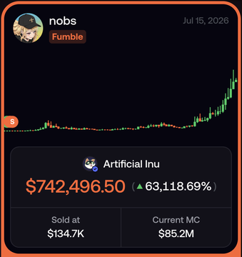 The image displays a trading card from the user "nobs" dated July 15, 2026, showing a "Fumble" alert on Artificial Inu ($742,496.50, up 63,118.69%), which was sold at $134.7K and now sits at $85.2M market cap. The screenshot illustrates the post's point—a cautionary example of an early missed opportunity, warning viewers against making similar "fumbles" on a token called Zoe by selling too soon before a major pump.