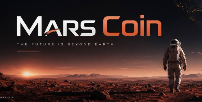 The image features a man wearing an astronaut suit, standing in front of a red planet with mountains in the background. The caption below the image reads "MARS Coin" and "The future is beyond earth", suggesting that this could be related to a Mars mission or exploration project.