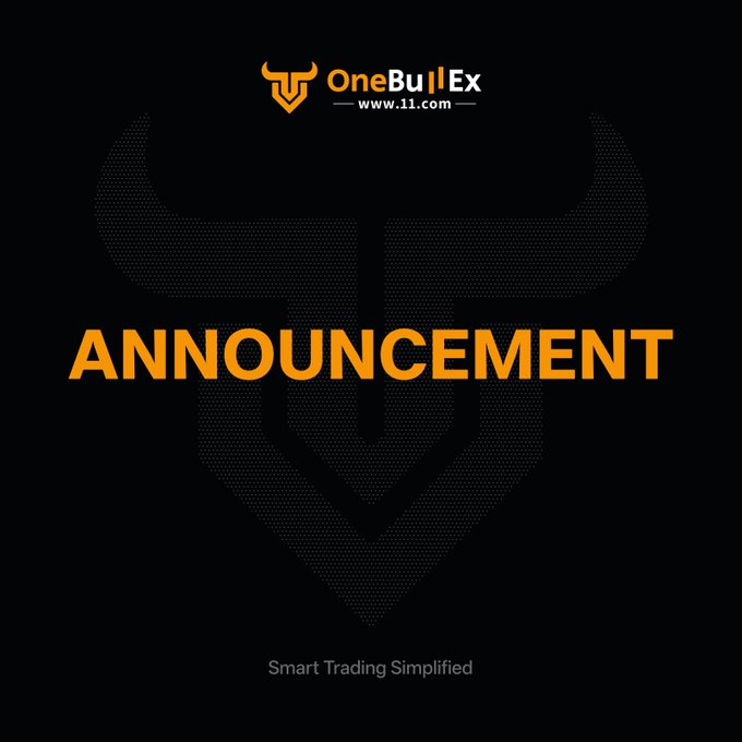 A dark announcement graphic for OneBullEx (www.11.com) with the tagline 'Smart Trading Simplified' and a faint bull logo in the background.