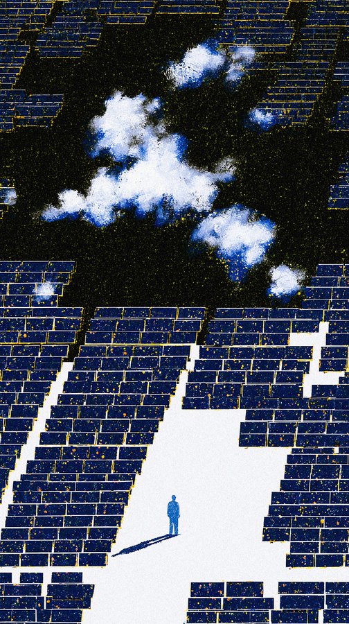 An illustration shows a lone small figure standing in a clearing surrounded by massive solar panel arrays under a dark sky with scattered clouds.