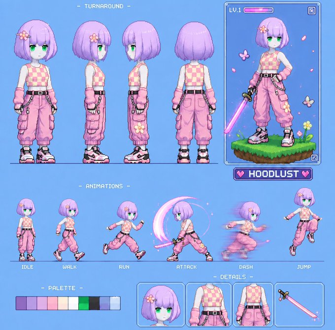 A character design sheet titled 'HOODLUST' for a Level 1 purple-haired anime-style character, showing turnaround views, animations (idle, walk, run, attack, dash, jump), color palette, and detail views.