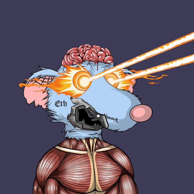 A bizarre digital illustration depicts a rat-like creature with an exposed brain, a metal jaw piece, and laser-beam eyes shooting flames, labeled 'Eth' and 'Honour' on its cheeks.