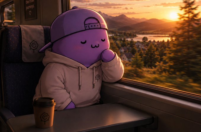 An illustrated purple cartoon character wearing a backward cap and hoodie sits at a train window watching a sunset over mountains and water, with a coffee cup on the table beside them.