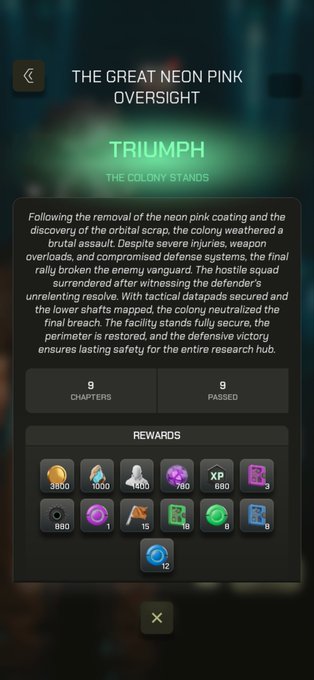 A mobile game victory screen titled 'THE GREAT NEON PINK OVERSIGHT' shows a 'TRIUMPH - THE COLONY STANDS' message, indicating 9 chapters were played and 9 passed, with various in-game rewards displayed at the bottom.