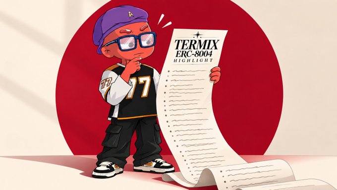 A cartoon-style chibi character wearing a purple cap, glasses, and a sports jersey with the number '77' holds an oversized receipt labeled 'TERMIX ERC-8004 HIGHLIGHT' against a bold red circular background.