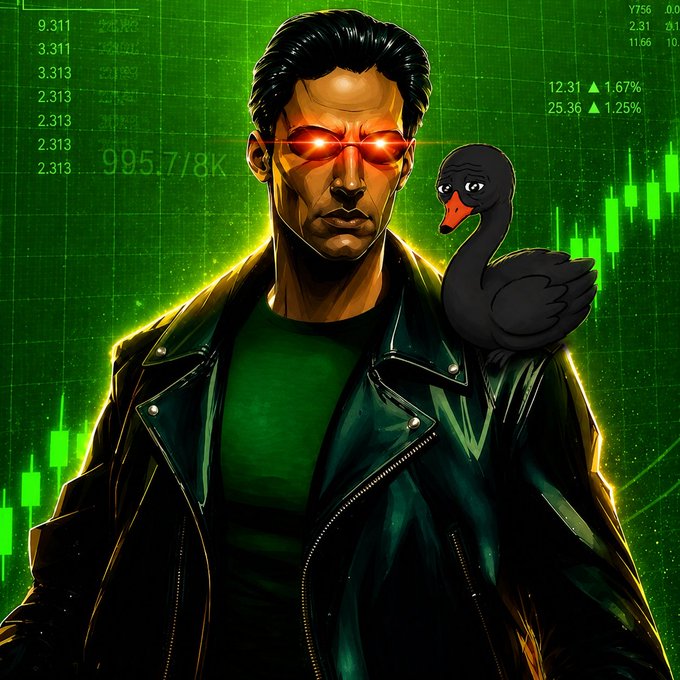 A stylized illustration of a serious man in a leather jacket with glowing red eyes, accompanied by a black swan on his shoulder, set against a green financial chart background.