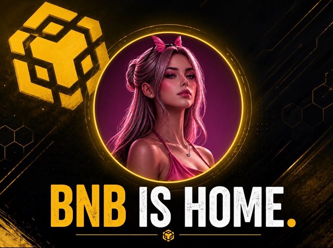 A digital artwork featuring a stylized young woman with pink hair inside a glowing golden circular frame, with a BNB (Binance Coin) logo and bold text reading 'BNB IS HOME.'