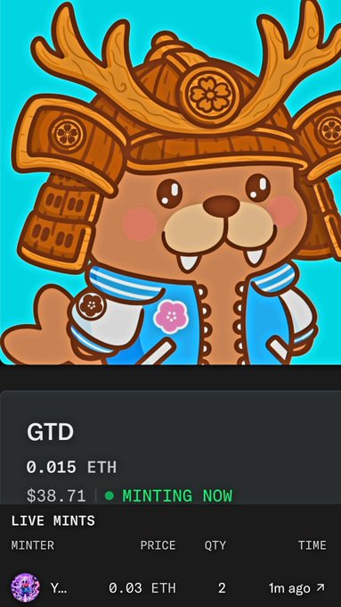 A digital illustration of a cartoon beaver-like character wearing a samurai helmet with antlers, displayed on an NFT minting page for 'GTD' priced at 0.015 ETH ($38.71) with a live minting record.