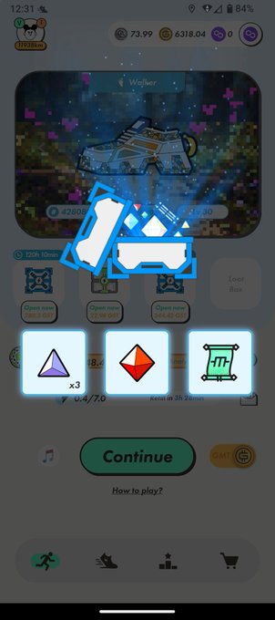 A mobile app screen displays a loot box opening interface showing purple gems and a scroll as potential rewards.