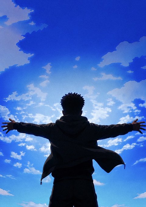 A silhouetted figure stands with arms outstretched against a vibrant blue sky filled with scattered clouds, embodying a triumphant, victorious pose. This powerful visual of liberation and success mirrors the confident sentiment expressed in "$ANSEM bottom is in," symbolizing a turnaround and bullish optimism.